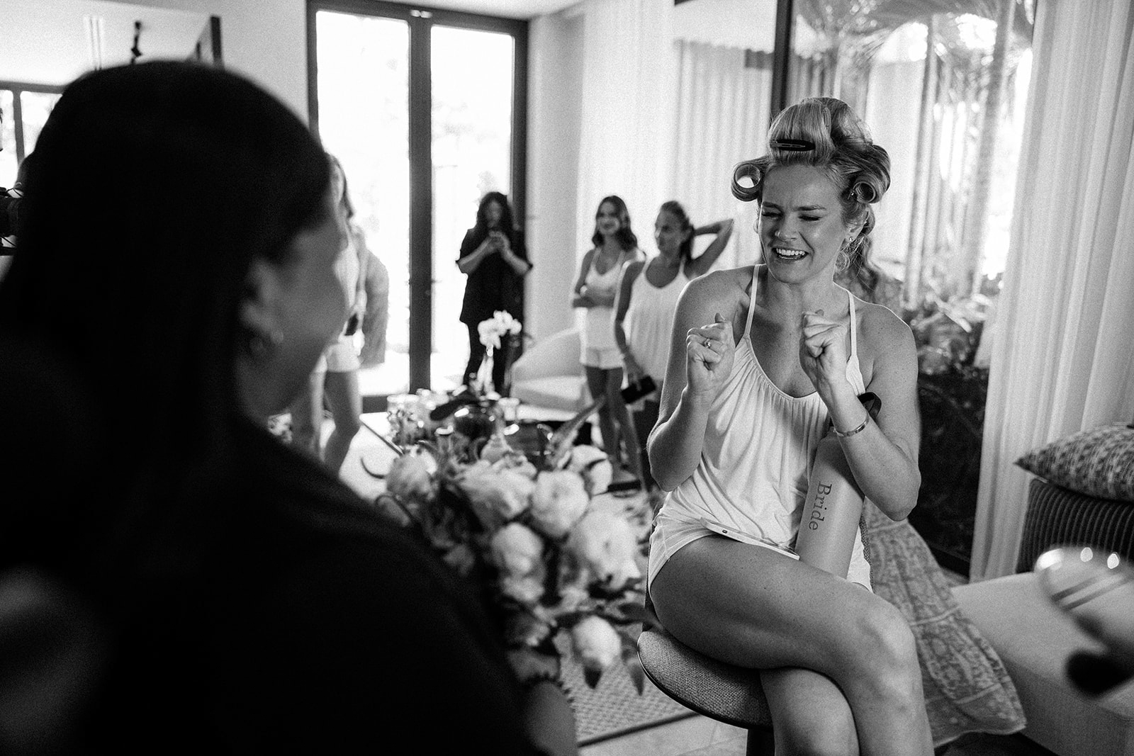 Bride getting ready candid black and white, Lauren & August's Casa de Campo wedding, Dominican Republic