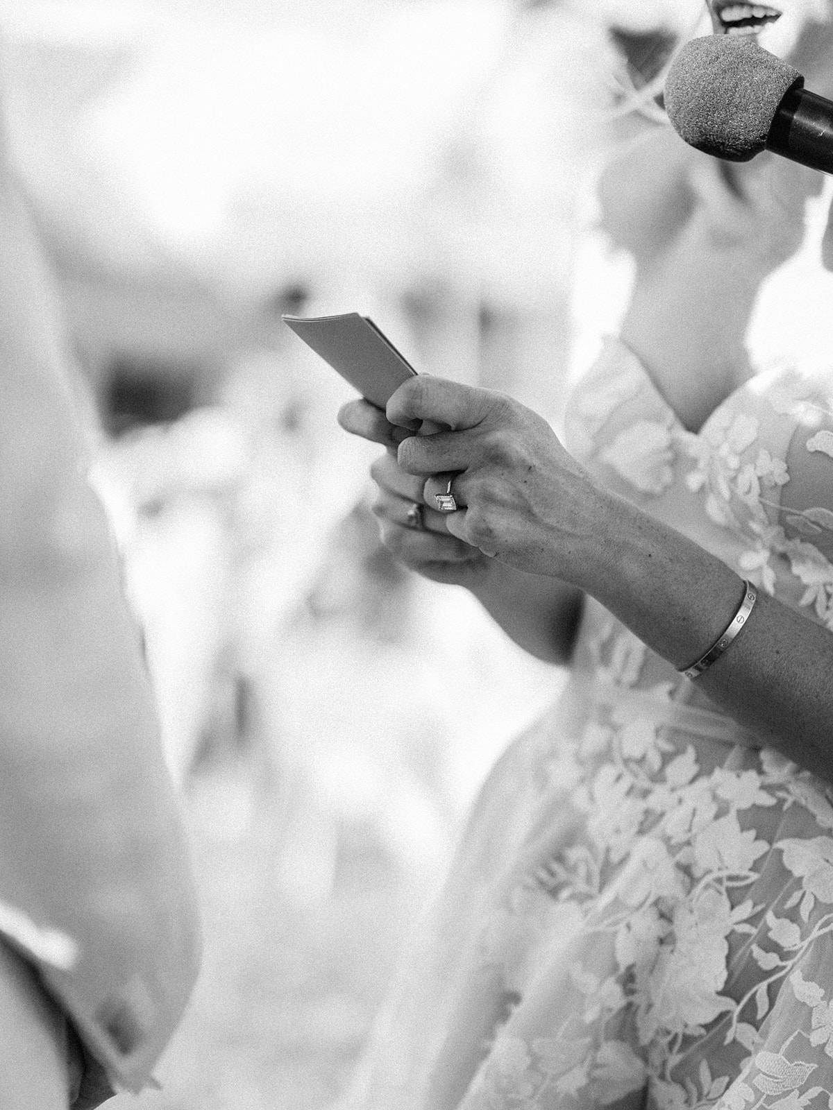 Bride reading vows black and white detail, Lauren & August's Casa de Campo wedding, Dominican Republic
