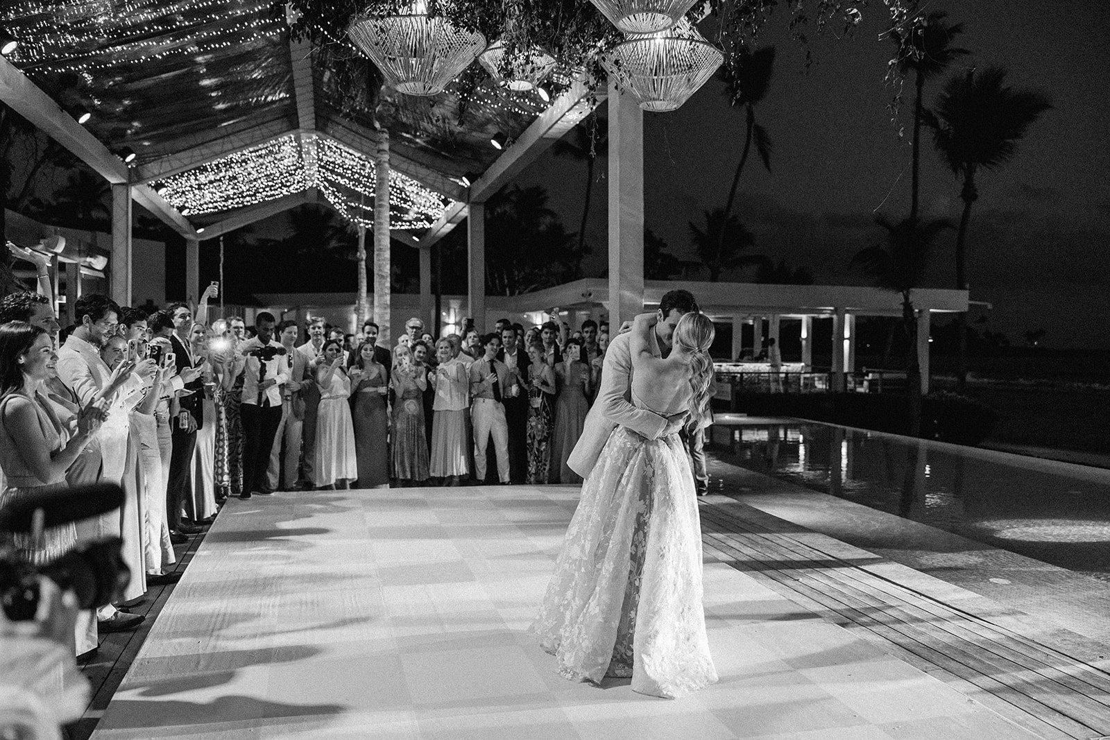 Newlywed first dance kiss black and white, Lauren & August's Casa de Campo wedding, Dominican Republic