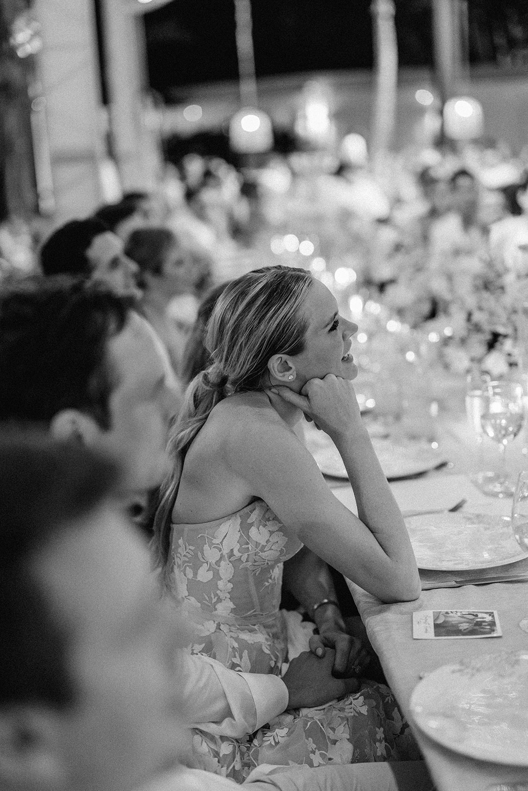 Bride listening to speech black and white, Lauren & August's Casa de Campo wedding, Dominican Republic