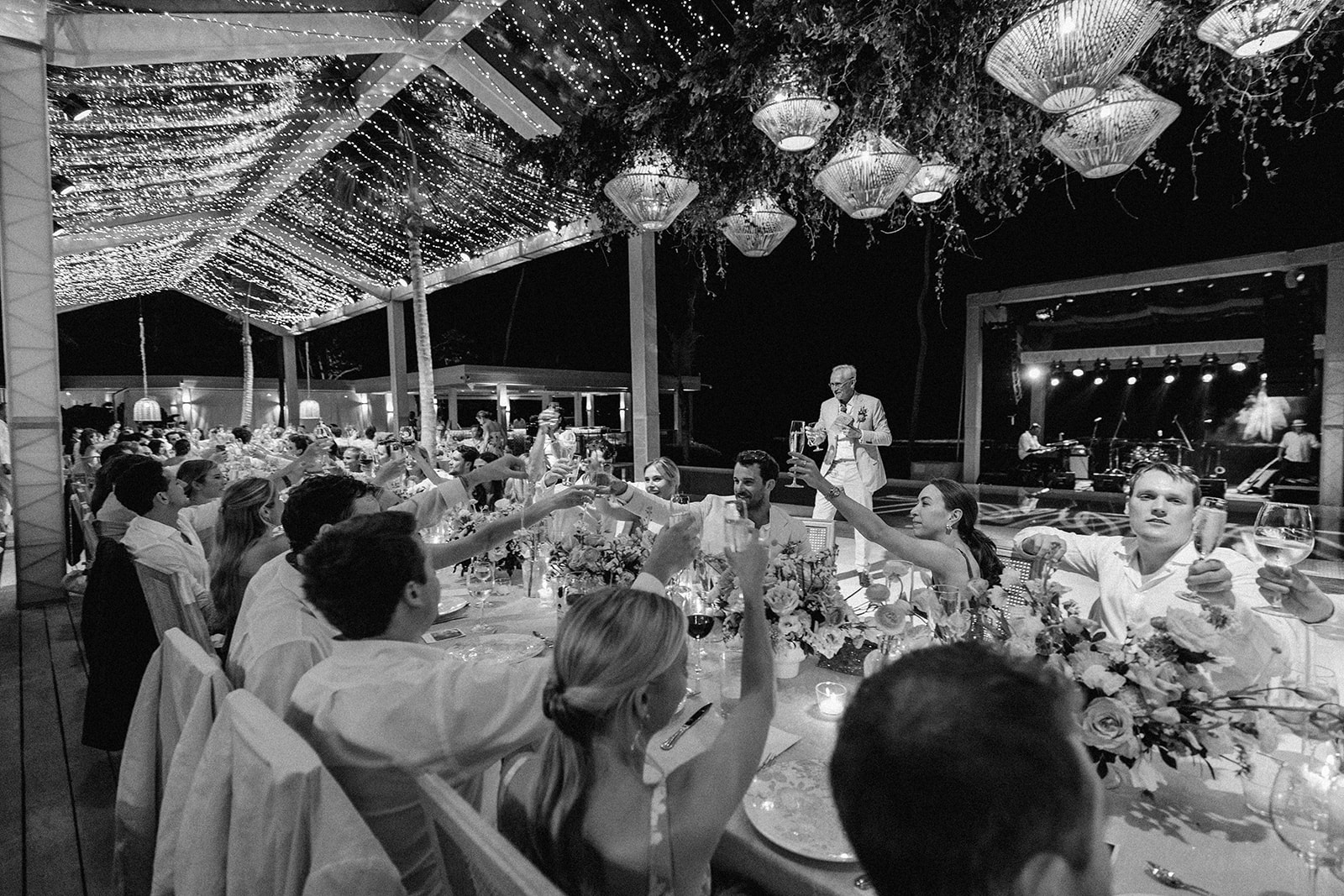 Reception toast long table black and white, Lauren & August's Casa de Campo wedding, Dominican Republic