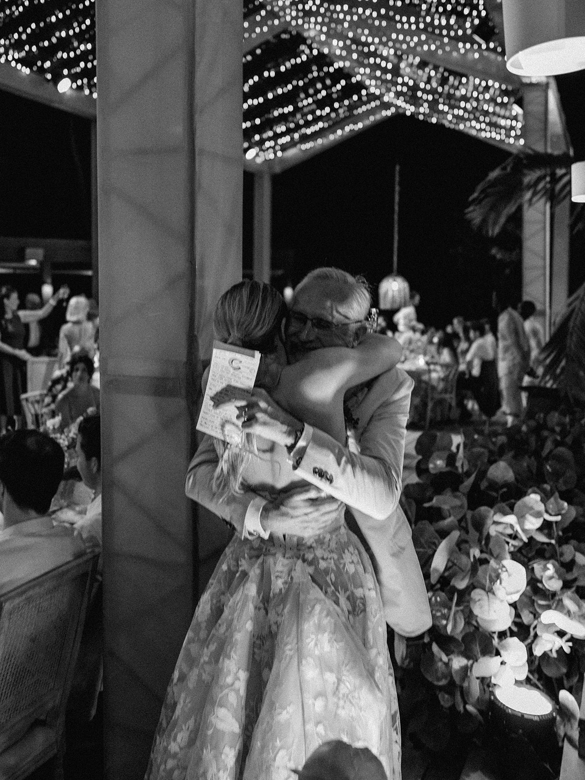 Bride emotional hug reception black and white, Lauren & August's Casa de Campo wedding, Dominican Republic