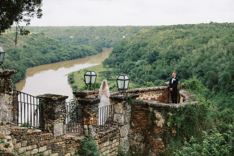 Couple on the stone lookout above the Chavón River, Altos de Chavón wedding, Dominican Republic